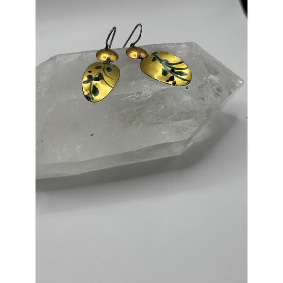 Iridescent Gold Tone Earrings with Abstract Green Design - Picture 2 of 8
